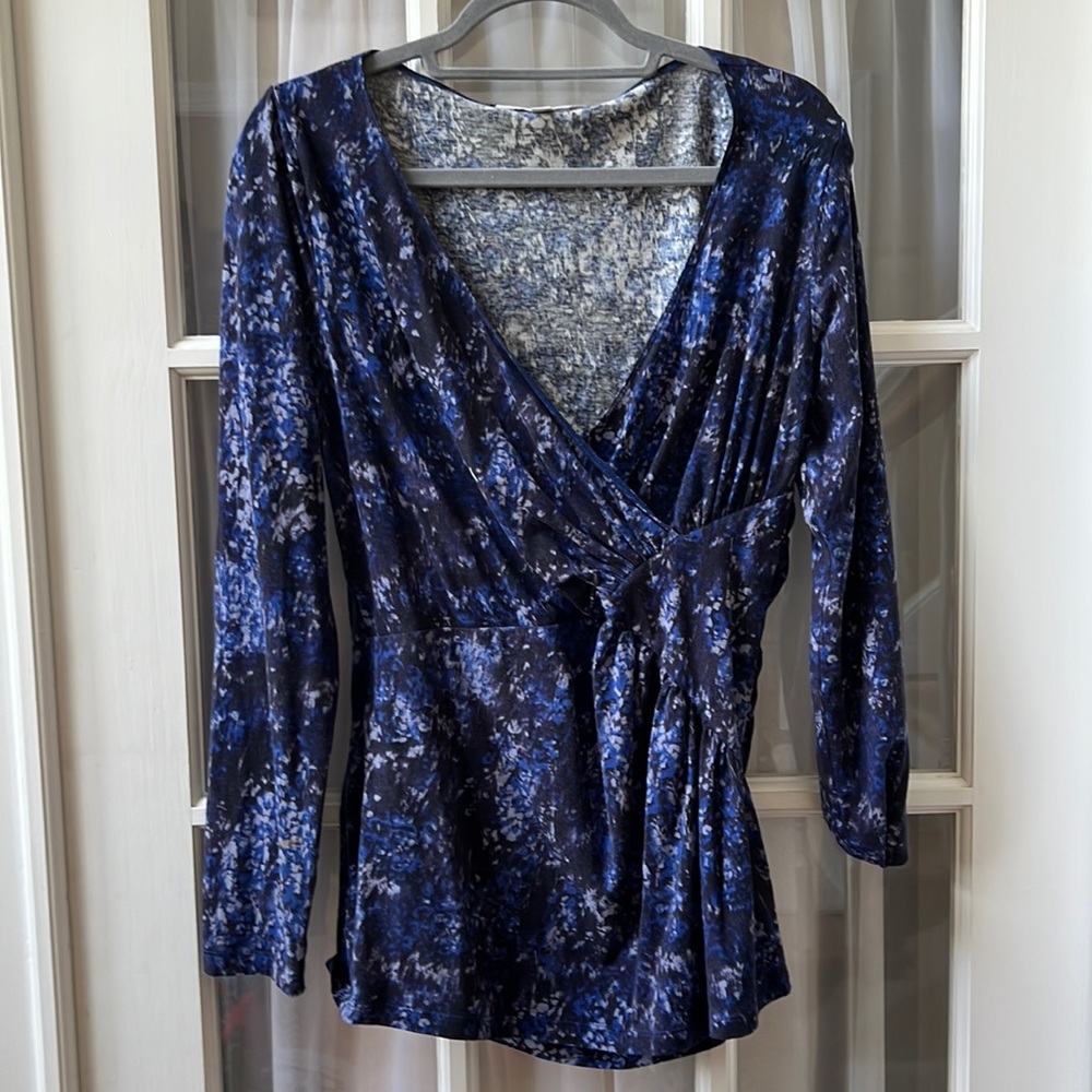 CABi blue and black long sleeve blouse.